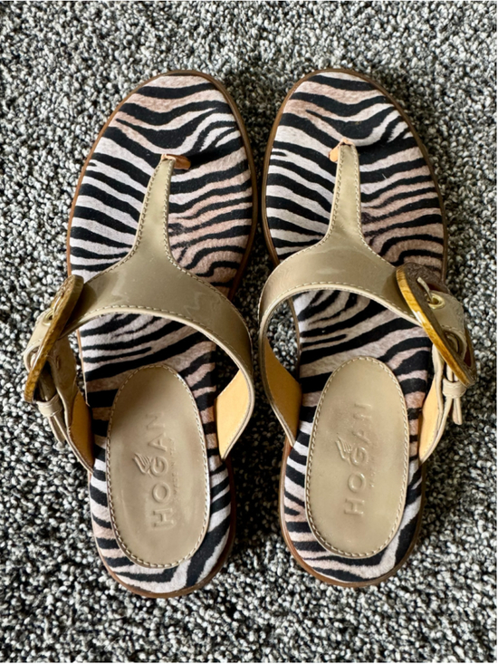 Hogan Shoes - Women's Hogan Patent Leather Ibiza Sandals Zebra Footbed Tortoiseshell Buckle 36